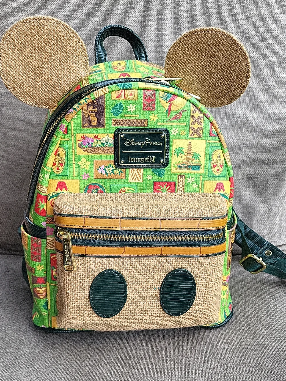 Loungefly Green Tiki Mickey Ear Mini Backpack with Burlap Accents - Picture 1 of 5